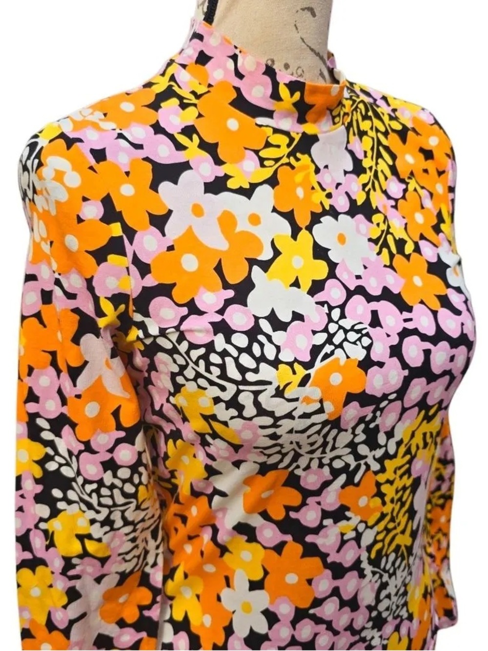 Ted Baker London Floral Mock Neck Long Sleeve Top in Orange, Pink, White & Black